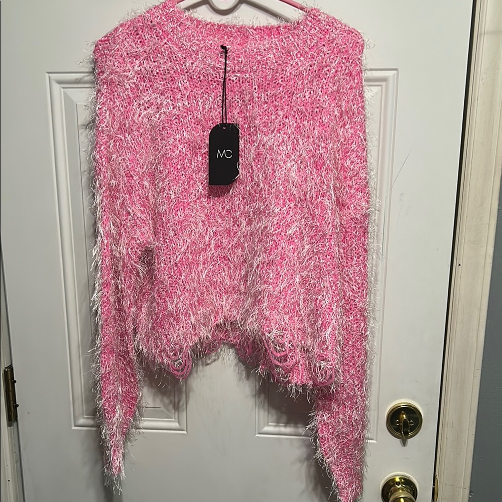 Pink Crew Neck Sweater with Fluffy Texture and Asymmetrical Hem !!